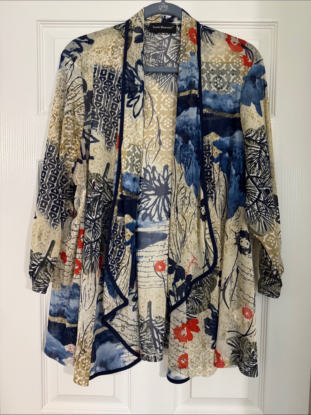 Travel Elements Cream Floral-Print Open Kimono with Navy Trim